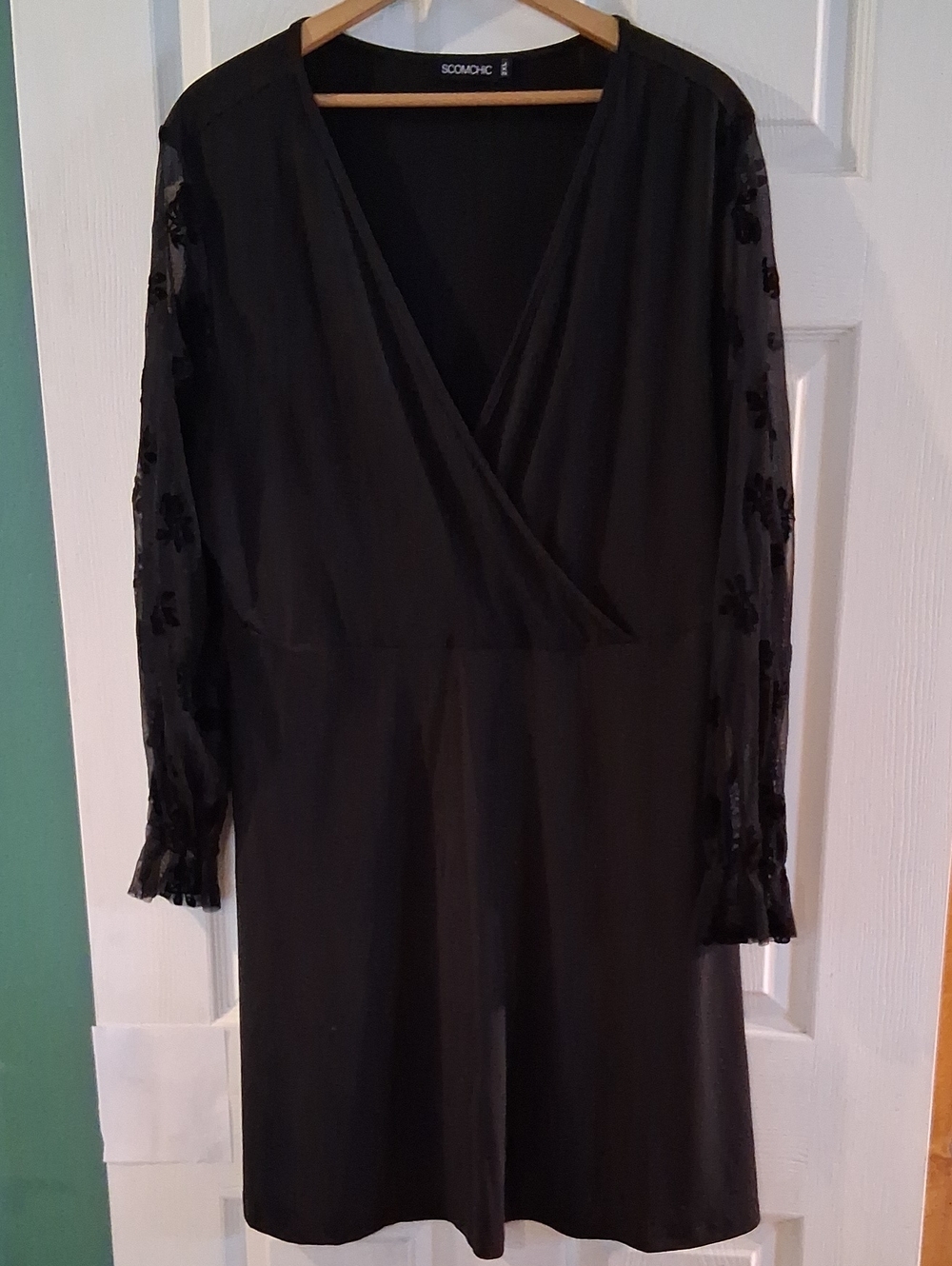 Black Long Sleeve Wrap Dress with Sheer Floral Sleeves